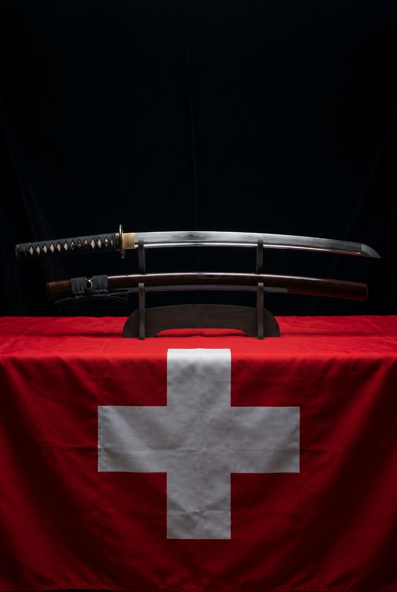 Katana auf einem Ständer vor der Schweizer Flagge